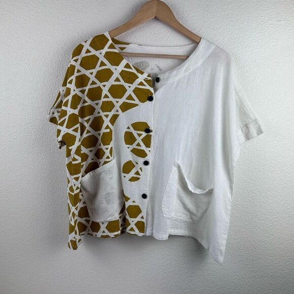 Mona Lisa Womens Button Up Shirt Blouse Top Short Sleeve Mustard Yellow Medium - Picture 3 of 14